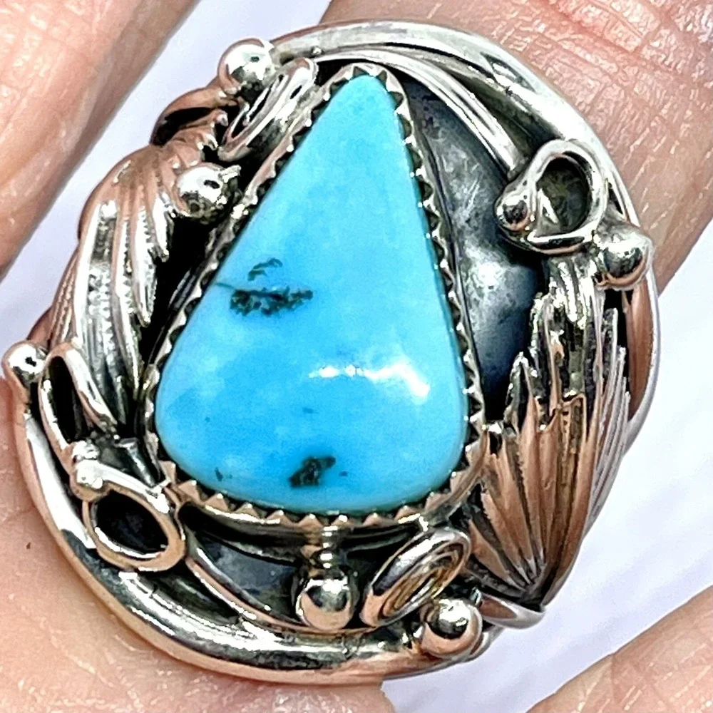Navajo Turquoise Mens Ring Sz‎ 11 Leaf Feather Sterling Native American Saunders
